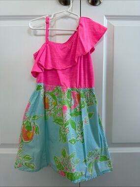 Lilly Pulitzer Girls Pink and Aqua One-Shoulder Floral Dress